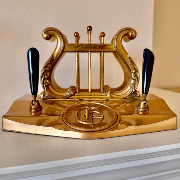 Vintage Brass Lyre Pen and Letter Holder - Picture 2 of 10